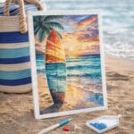 Broderie Diamant - Planche de surf sur la plage