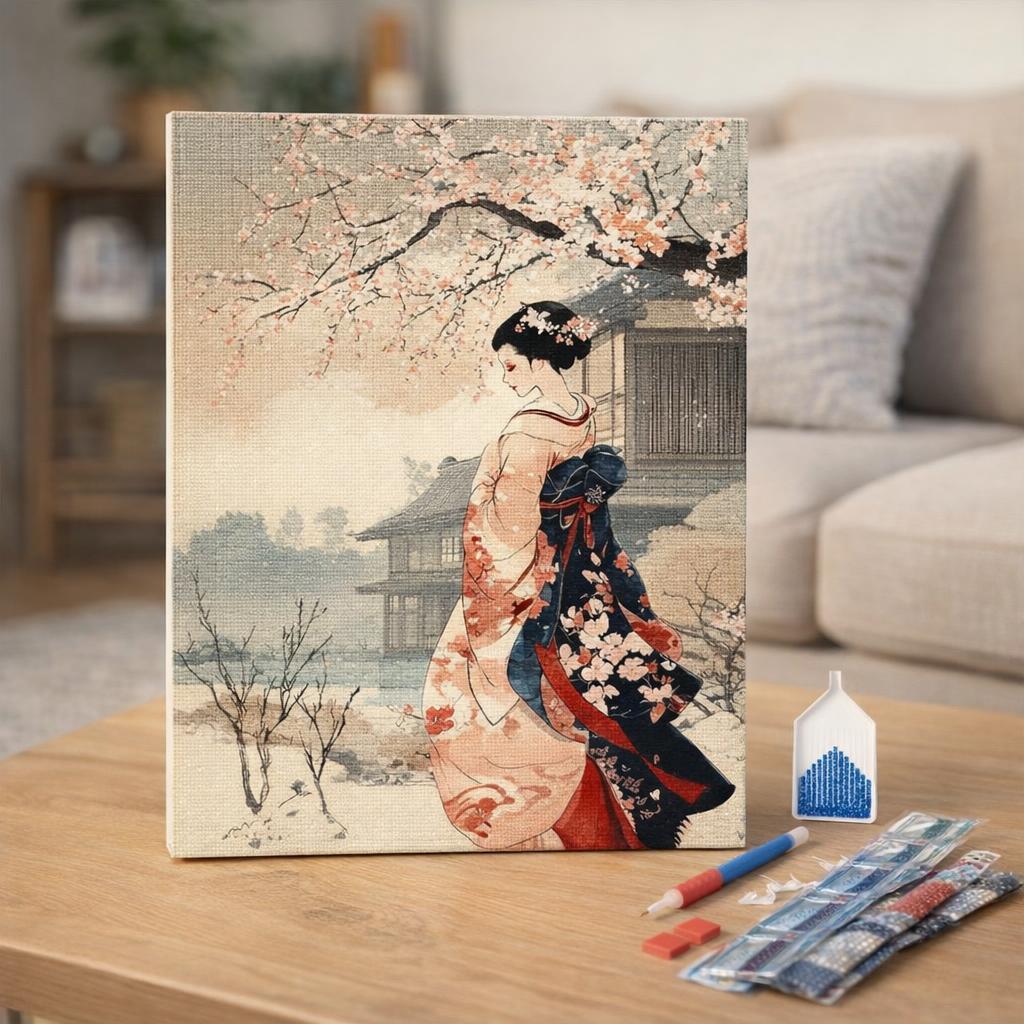 Broderie Diamant - Scène Vintage d’une Geisha en Hiver