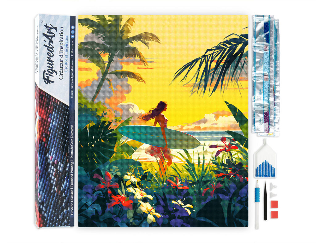 Broderie Diamant - Surfeuse au coucher du soleil