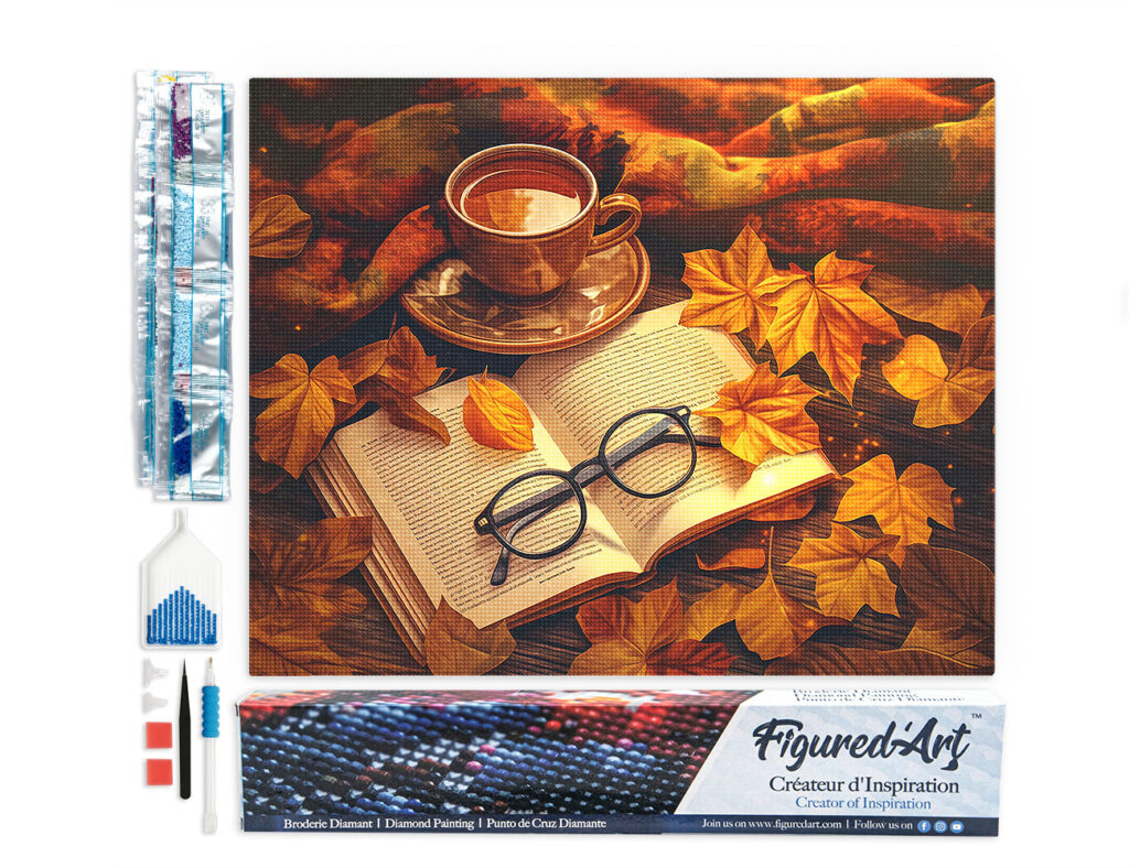 Broderie Diamant - Thé et livre en Automne