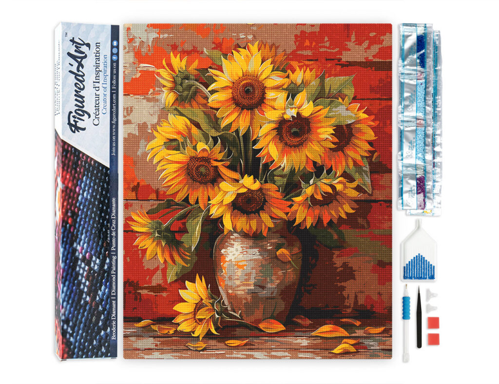 Broderie Diamant - Vase de tournesols automnal