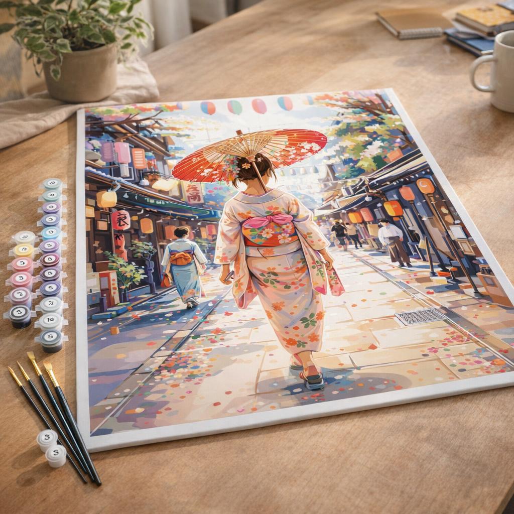 Femme en Yukata dans une Rue animée - Toile roulée