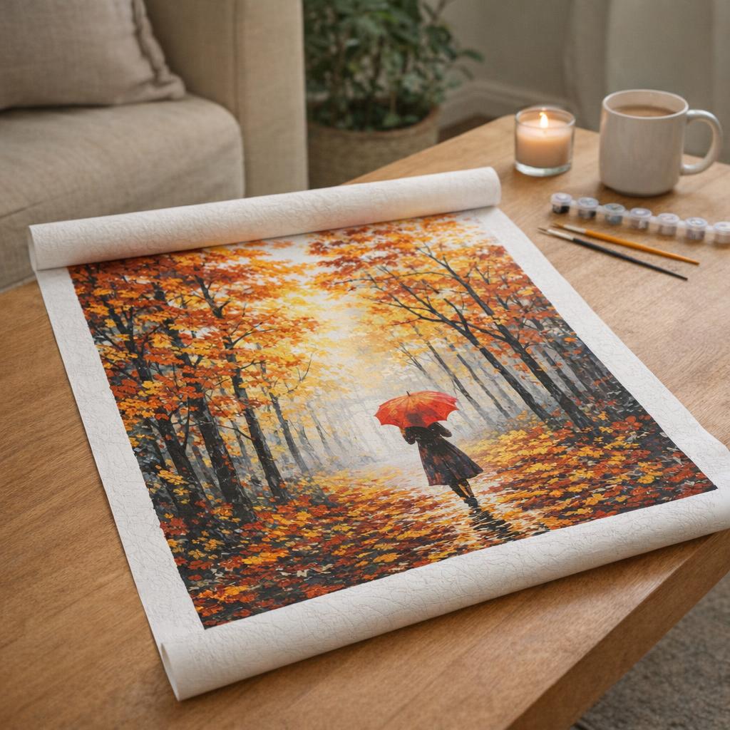 Forêt d'Automne et Femme au Parapluie - Toile roulée