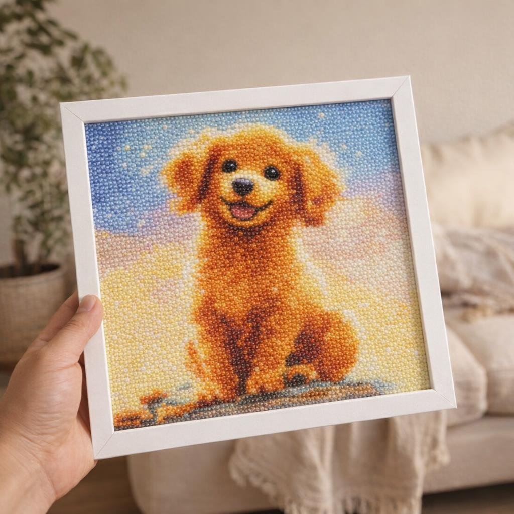 Mini Diamond Painting 25x25cm avec cadre - Adorable Chiot Golden Retriever