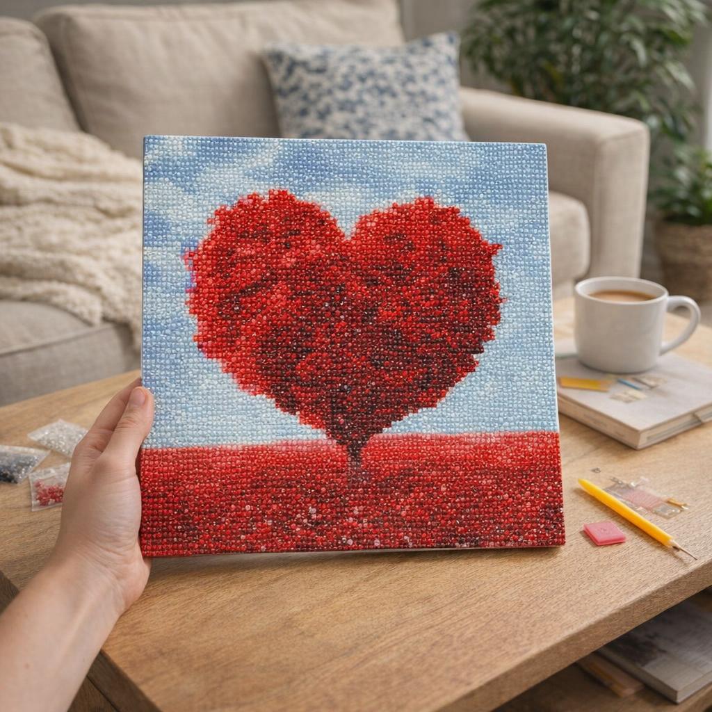 Mini Diamond Painting 25x25cm avec cadre - Arbre rouge Coeur