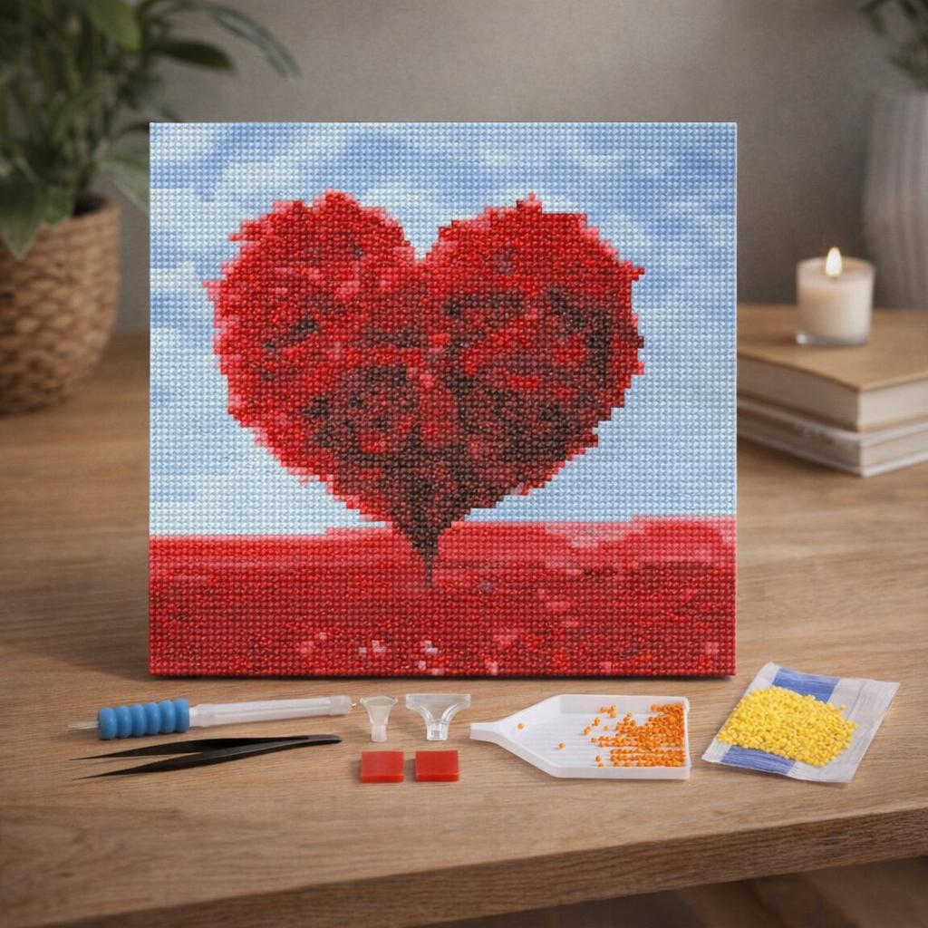 Mini Diamond Painting 25x25cm avec cadre - Arbre rouge Coeur