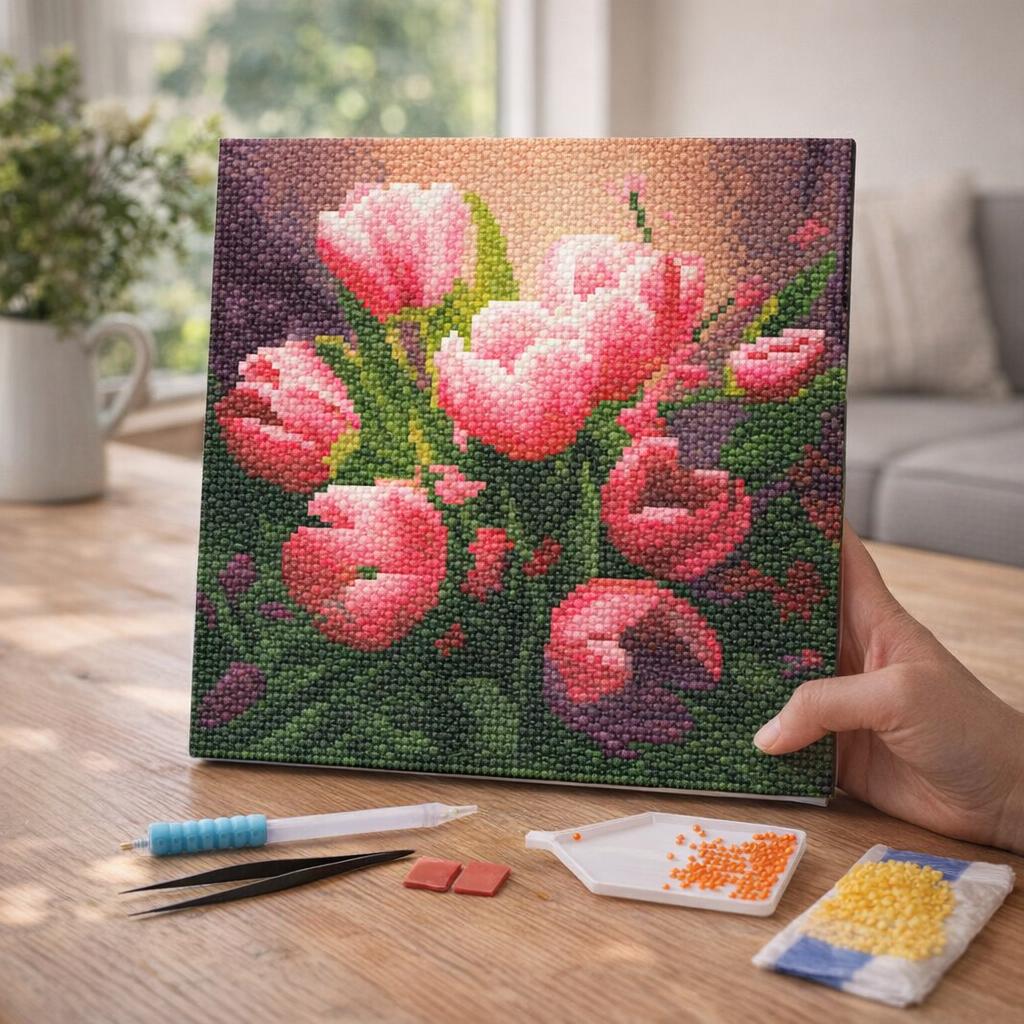 Mini Diamond Painting 25x25cm avec cadre - Belles Tulipes Roses