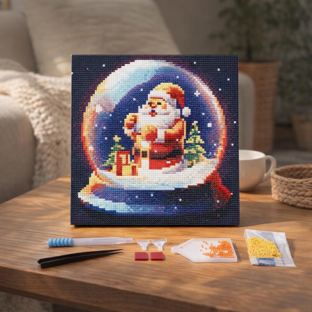 Mini Diamond Painting 25x25cm avec cadre - Boule à Neige et Père Noël