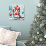 Mini Diamond Painting 25x25cm avec cadre - Chat Mignon avec Écharpe Rouge