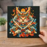 Mini Diamond Painting 25x25cm avec cadre - Chat Samouraï
