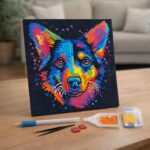 Mini Diamond Painting 25x25cm avec cadre - Chien Abstrait Pop Art Néon