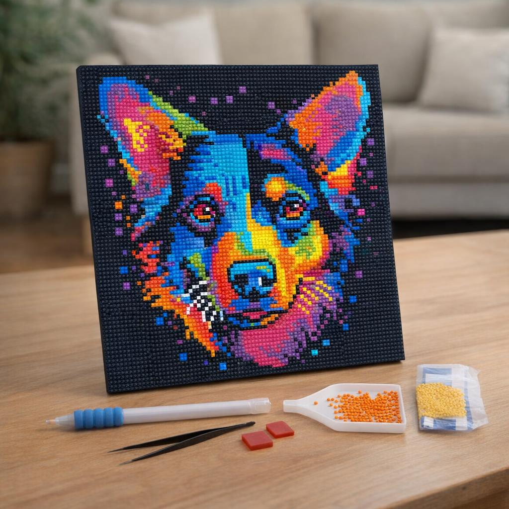 Mini Diamond Painting 25x25cm avec cadre - Chien Abstrait Pop Art Néon