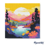 Mini Diamond Painting 25x25cm avec cadre - Coucher de Soleil Coloré au Bord du Lac