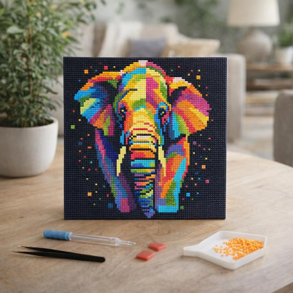 Mini Diamond Painting 25x25cm avec cadre - Éléphant Abstrait Pop Art