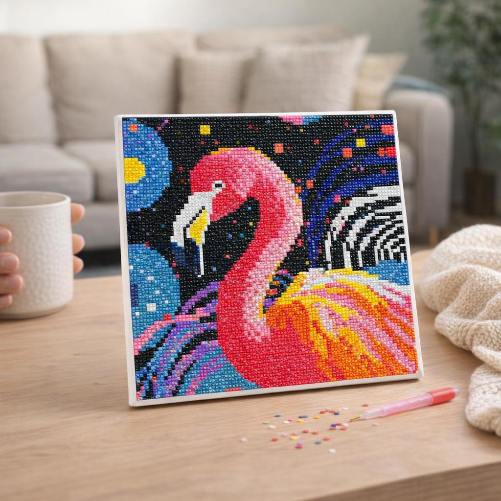 Mini Diamond Painting 25x25cm avec cadre - Flamant Rose Abstrait Pop Art