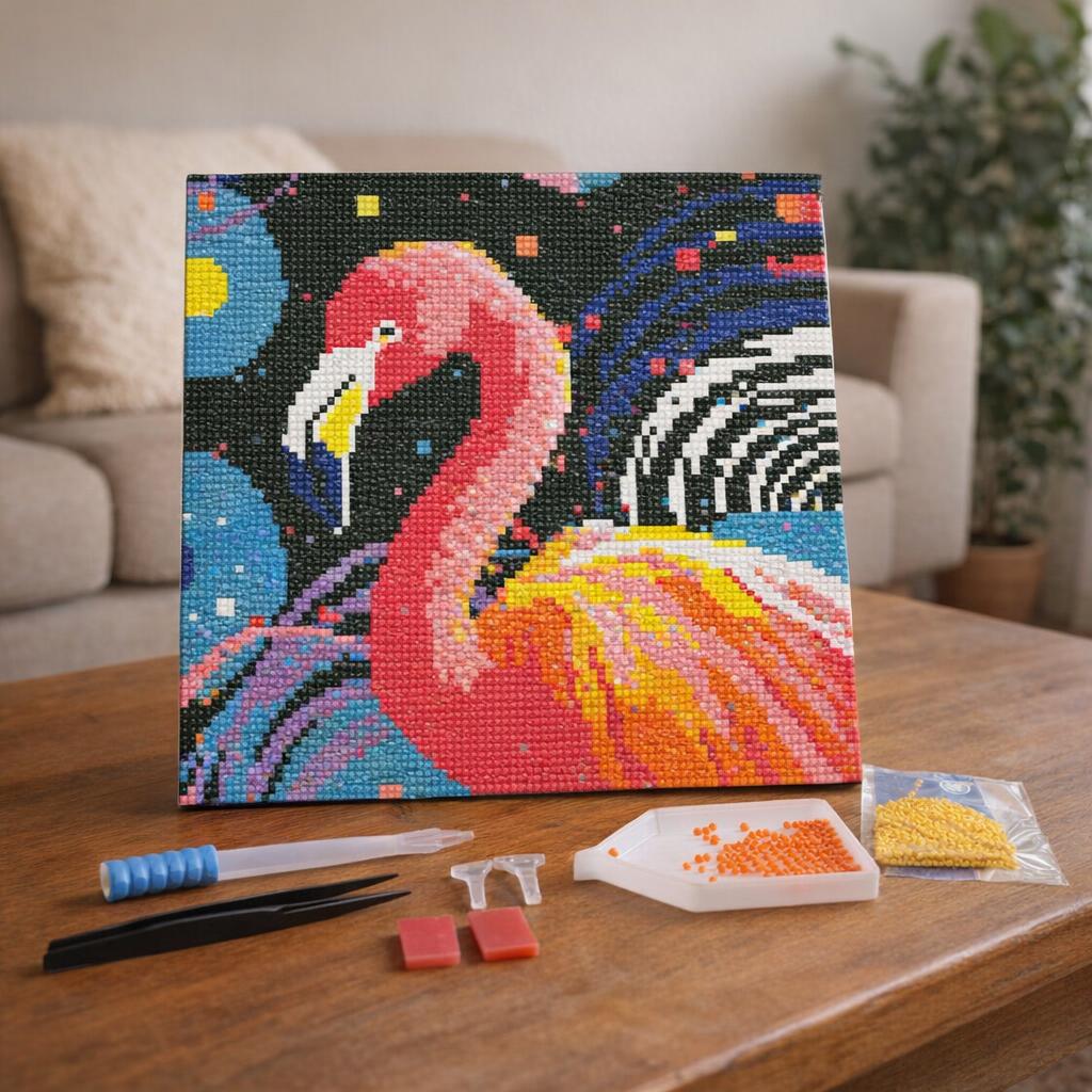 Mini Diamond Painting 25x25cm avec cadre - Flamant Rose Abstrait Pop Art
