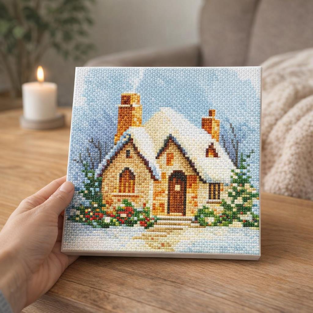 Mini Diamond Painting 25x25cm avec cadre - Maison en Briques sous la Neige