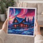 Mini Diamond Painting 25x25cm avec cadre - Maison et Aurore boréale
