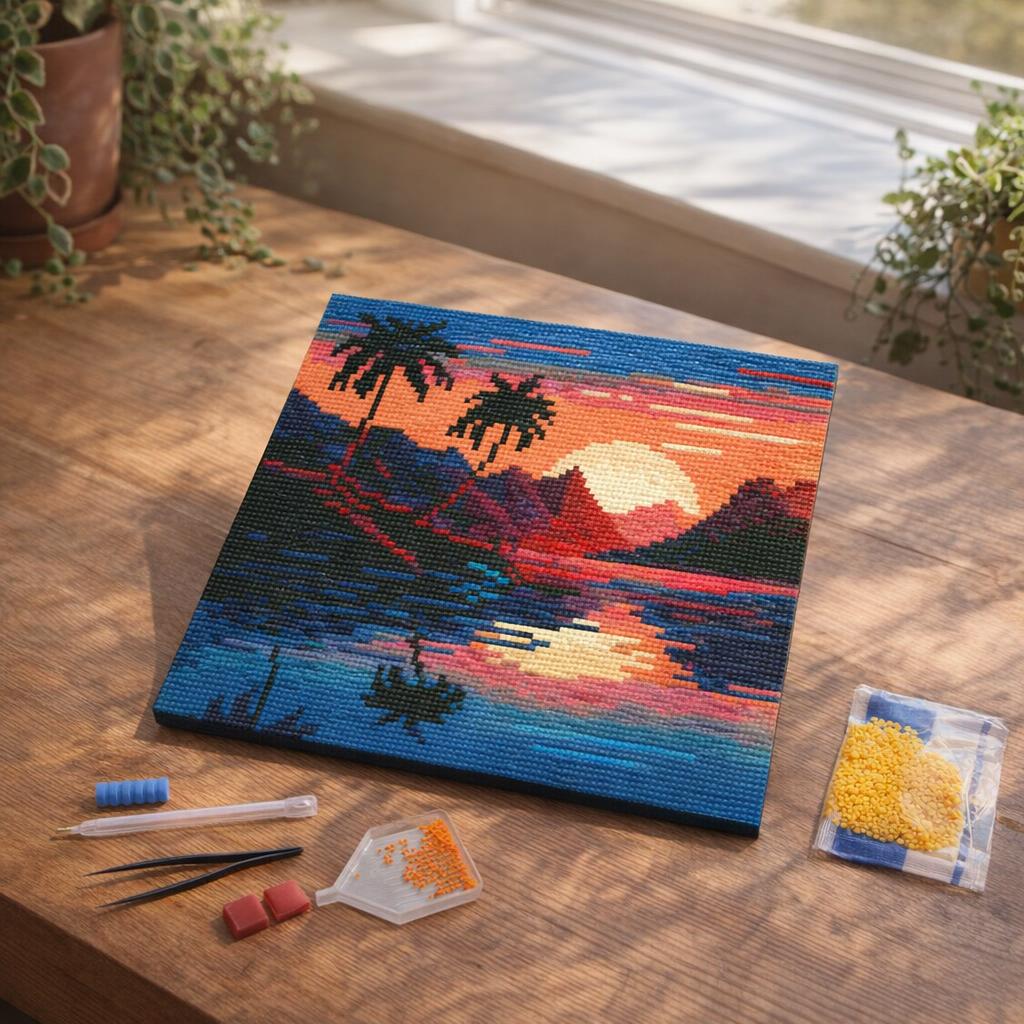 Mini Diamond Painting 25x25cm avec cadre - Mer et Coucher de Soleil