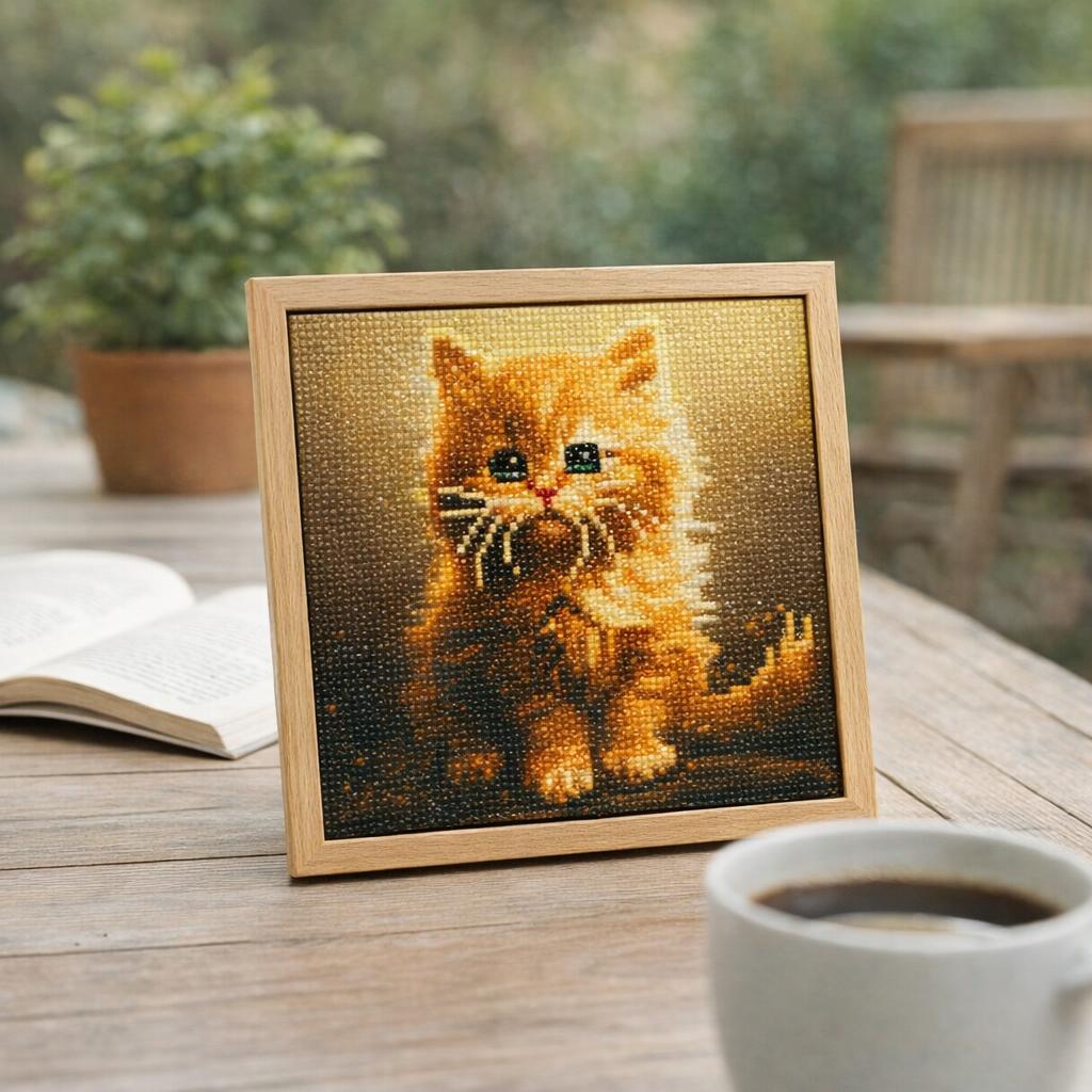 Mini Diamond Painting 25x25cm avec cadre - Mignon Petit Chaton Orange