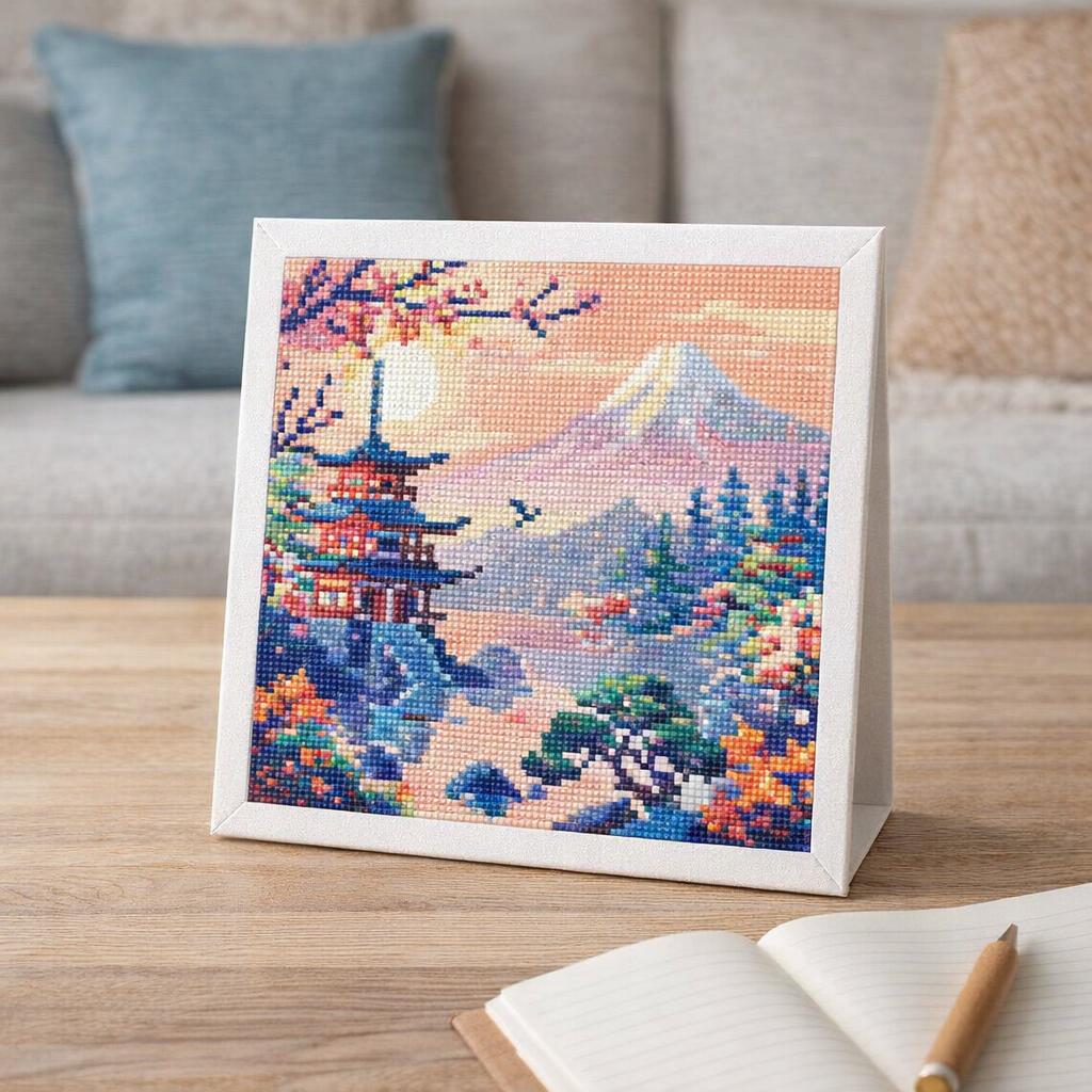 Mini Diamond Painting 25x25cm avec cadre - Pagode et Mont Fuji