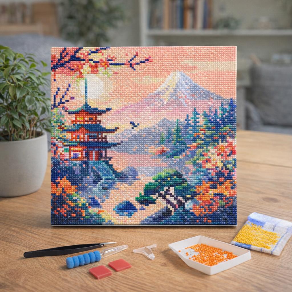 Mini Diamond Painting 25x25cm avec cadre - Pagode et Mont Fuji