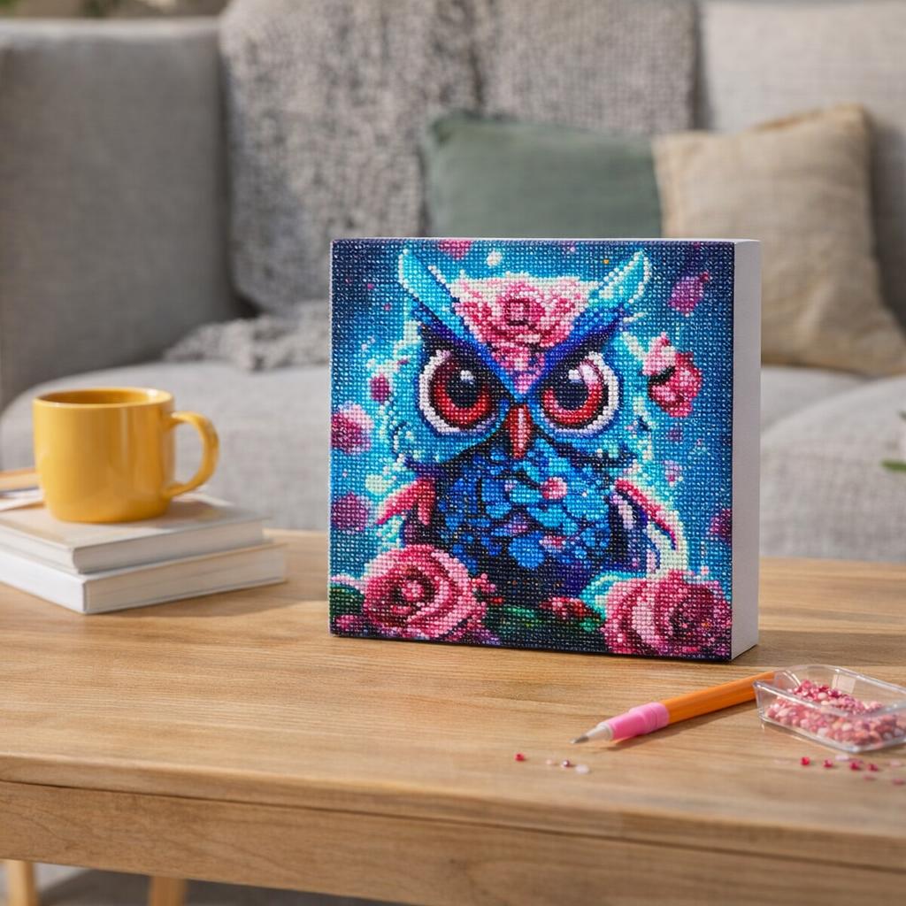 Mini Diamond Painting 25x25cm avec cadre - Petite Chouette Bleue