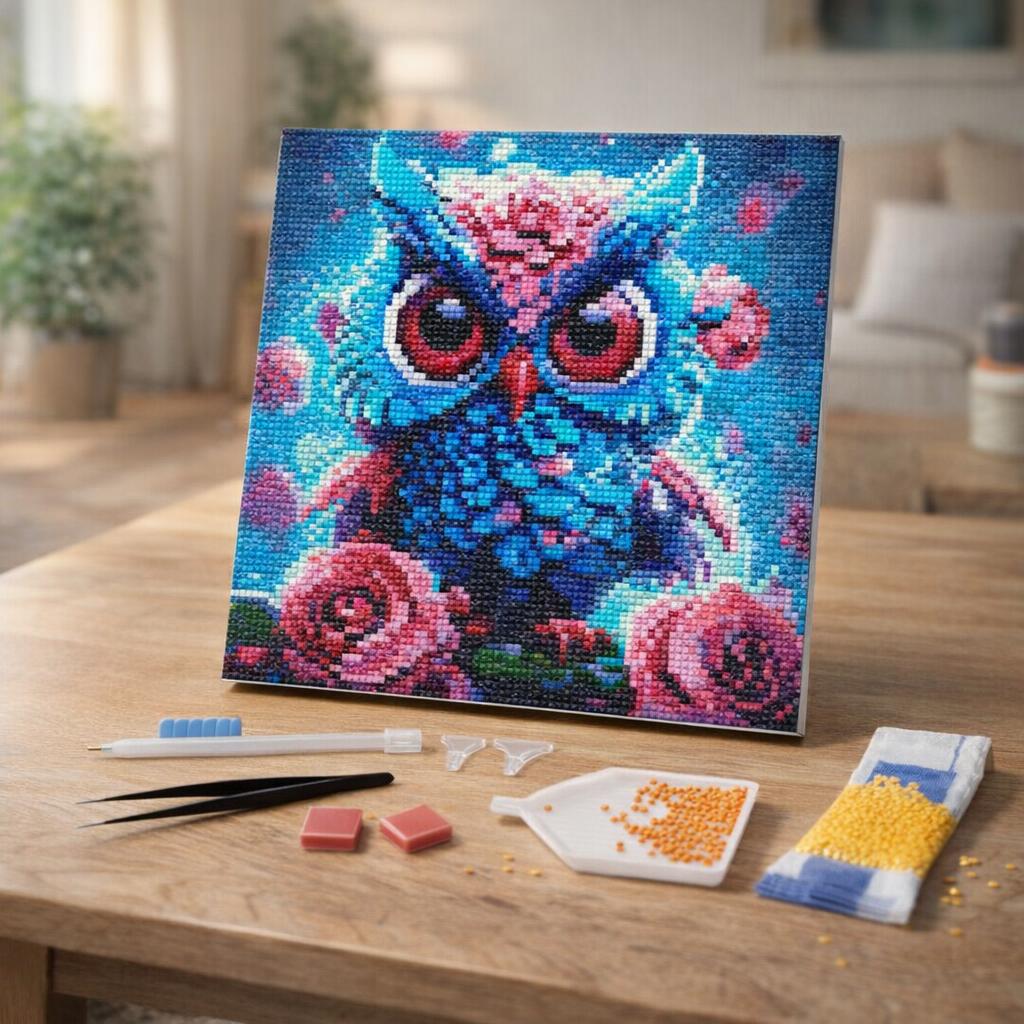 Mini Diamond Painting 25x25cm avec cadre - Petite Chouette Bleue