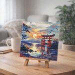 Mini Diamond Painting 25x25cm avec cadre - Porte Torii au coucher du soleil