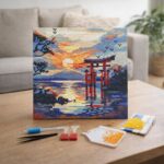 Mini Diamond Painting 25x25cm avec cadre - Porte Torii au coucher du soleil