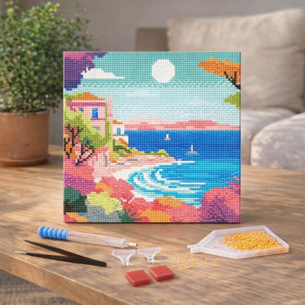 Mini Diamond Painting 25x25cm avec cadre - Riviera Française Colorée