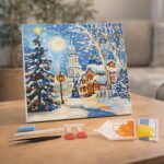 Mini Diamond Painting 25x25cm avec cadre - Rue de Noël Enneigée