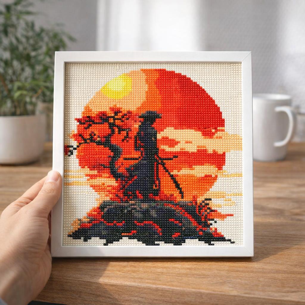 Mini Diamond Painting 25x25cm avec cadre - Samourai au coucher du soleil