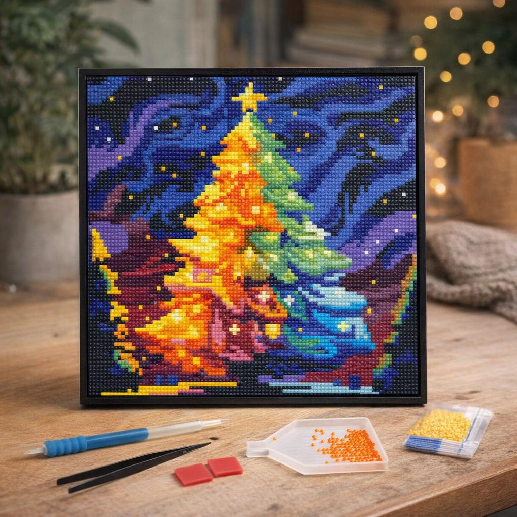 Mini Diamond Painting 25x25cm avec cadre - Sapin de Noël Coloré