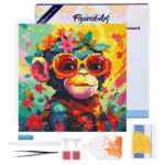 Mini Diamond Painting 25x25cm avec cadre - Singe Fantaisie et Fleurs