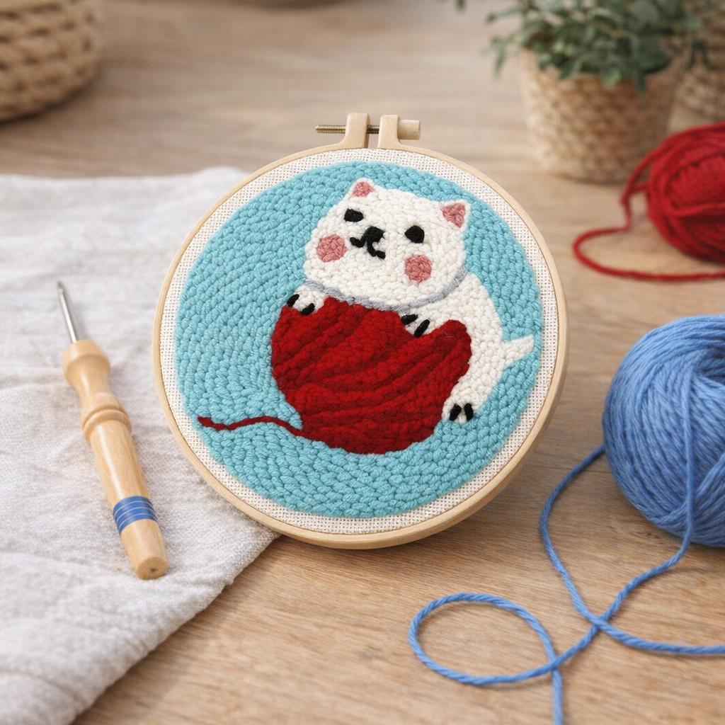 Punch Needle Chat avec pelote de laine