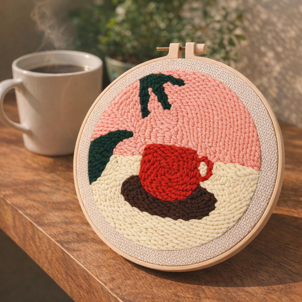 Punch Needle Chocolat Chaud et Feuilles