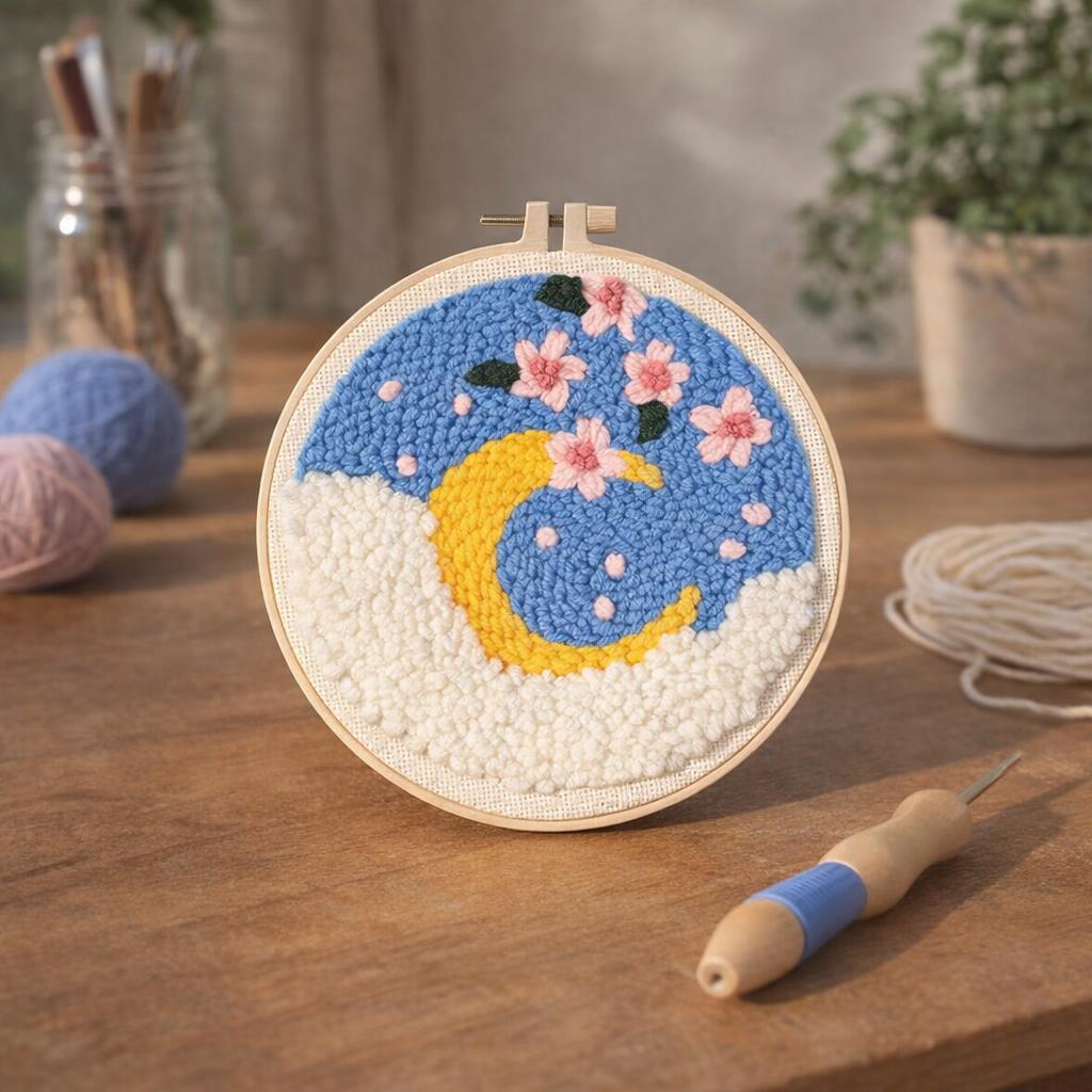 Punch Needle Fleurs de Cerisiers et Lune