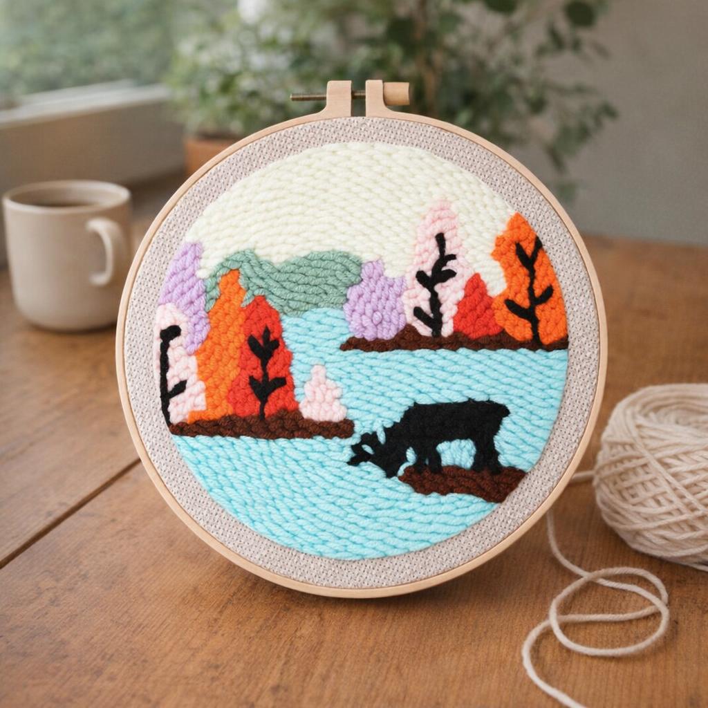 Punch Needle Renne au bord d'un Lac