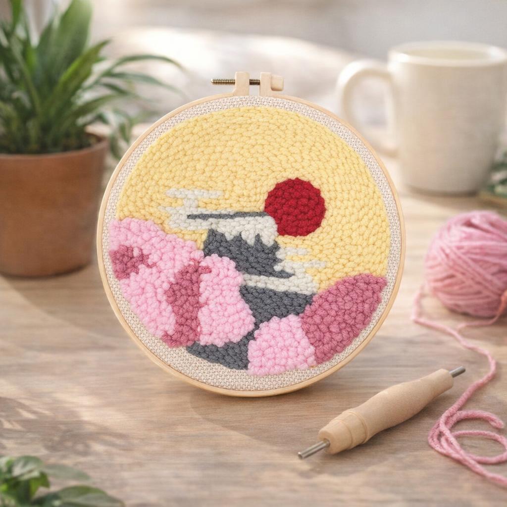 Punch Needle Soleil levant et Cerisiers en Fleurs