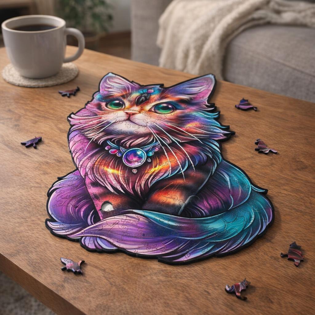 Puzzle en Bois Adulte - Chat Coloré avec Gemme