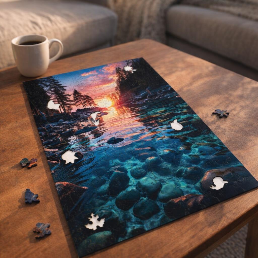 Puzzle en Bois Adulte - Coucher de soleil et Rivière transparente