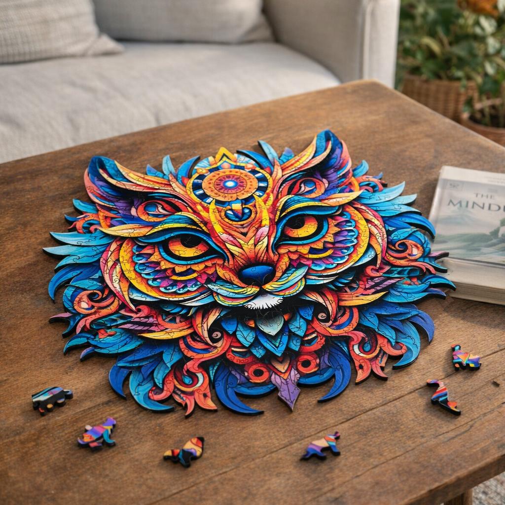 Puzzle en Bois Adulte - Mandala Chat Coloré